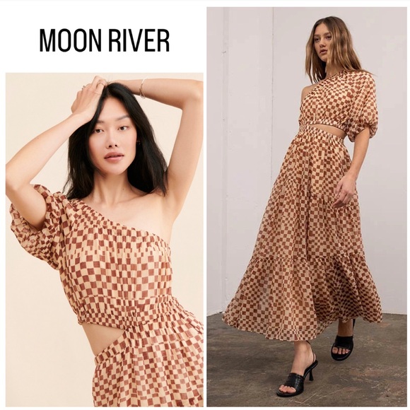 MOON RIVER ~ CHECKERBOARD ONE SLEEVE DRESS - Picture 1 of 12